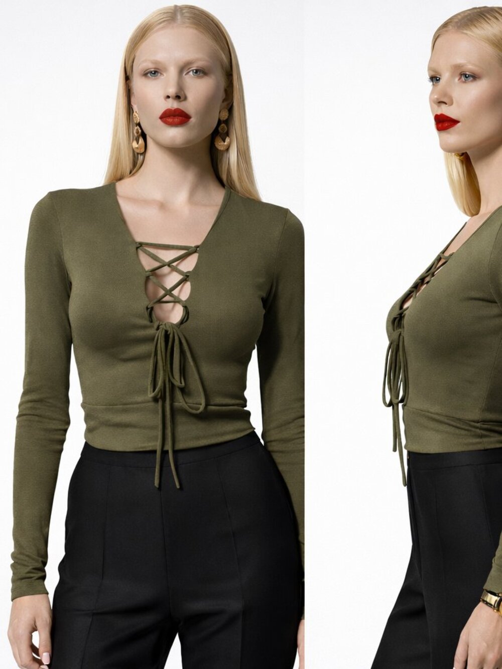 Olive Lace-Up Long Sleeve Top | Chic & Flattering